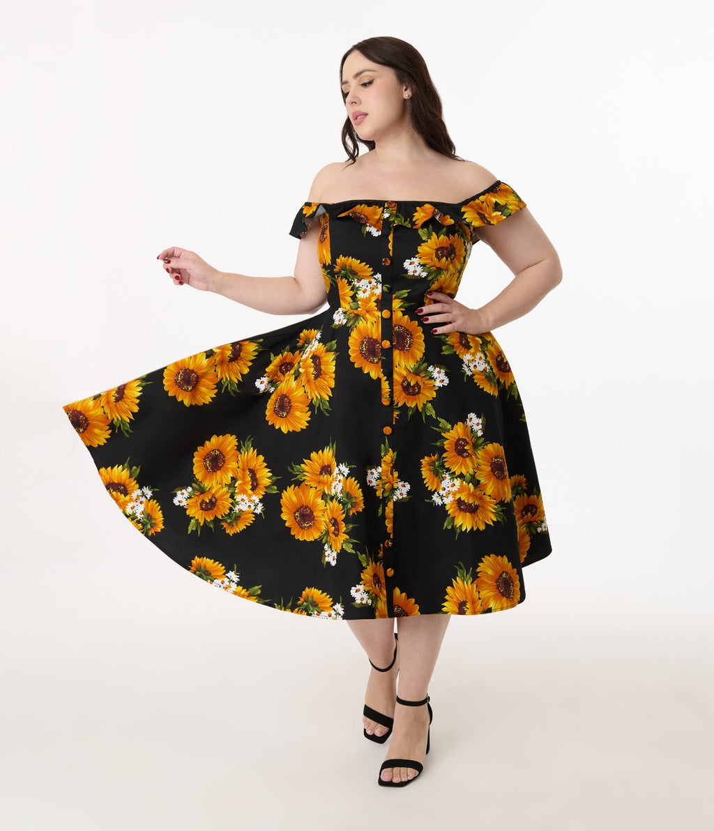 Magnolia Place Plus Size Sunflower Print Barbara Swing Dress - Unique Vintage - Womens, DRESSES, SWING