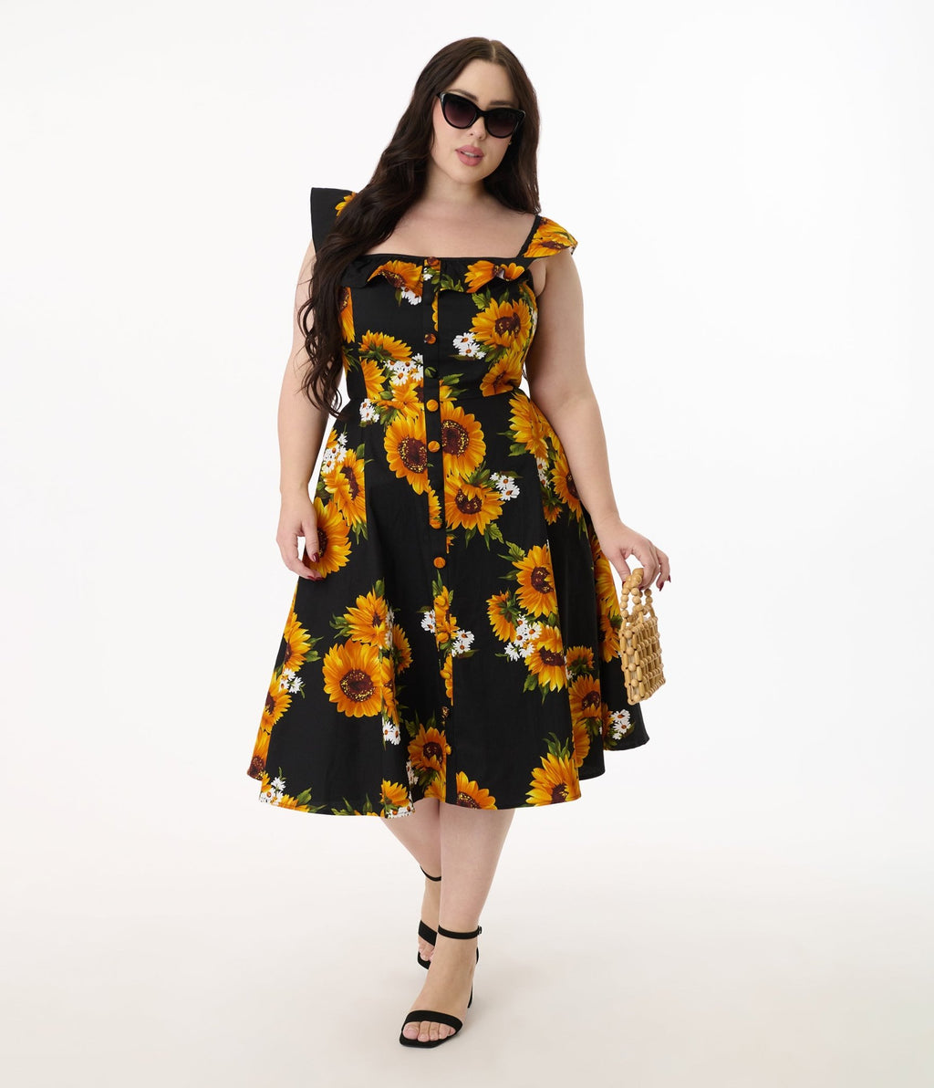 Magnolia Place Plus Size Sunflower Print Barbara Swing Dress - Unique Vintage - Womens, DRESSES, SWING