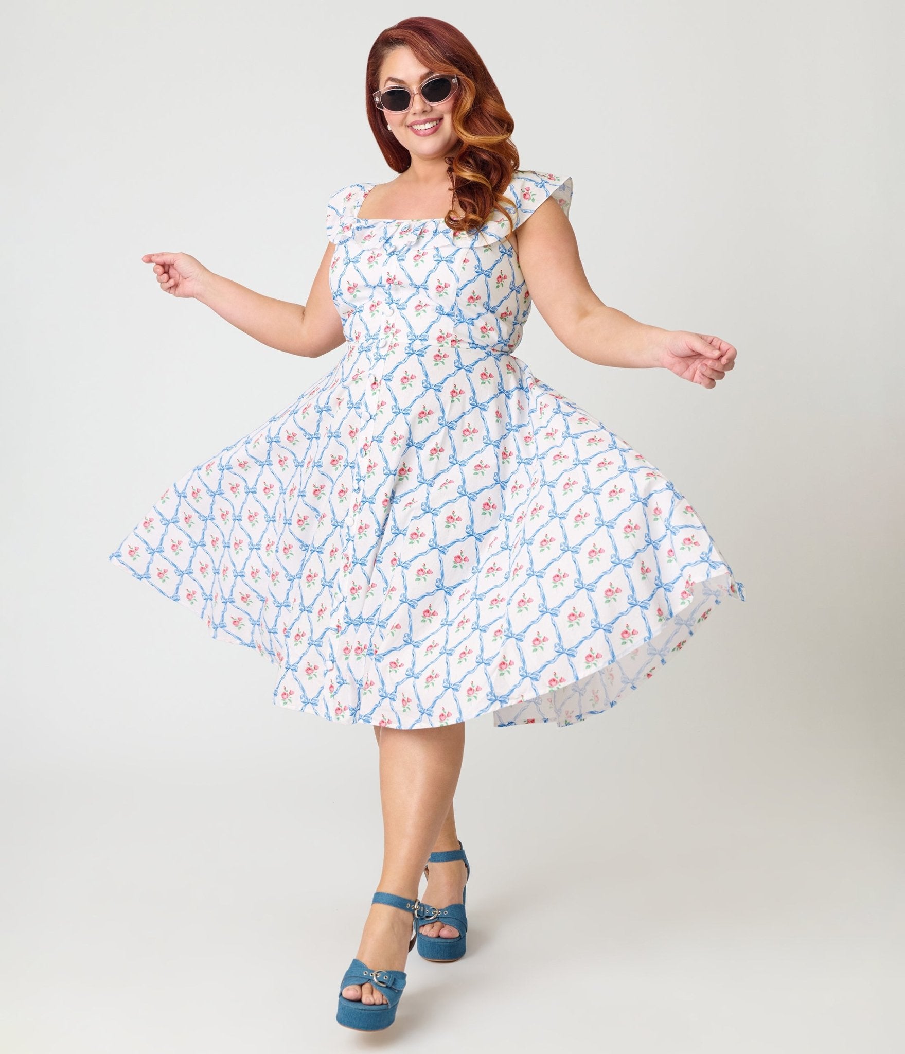 Magnolia Place Plus Size White & Rose Trellis Barbara Swing Dress - Unique Vintage - Womens, DRESSES, SWING