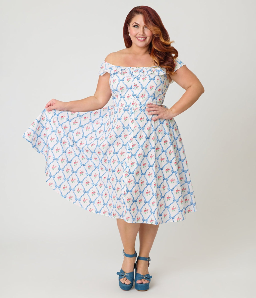 Magnolia Place Plus Size White & Rose Trellis Barbara Swing Dress - Unique Vintage - Womens, DRESSES, SWING