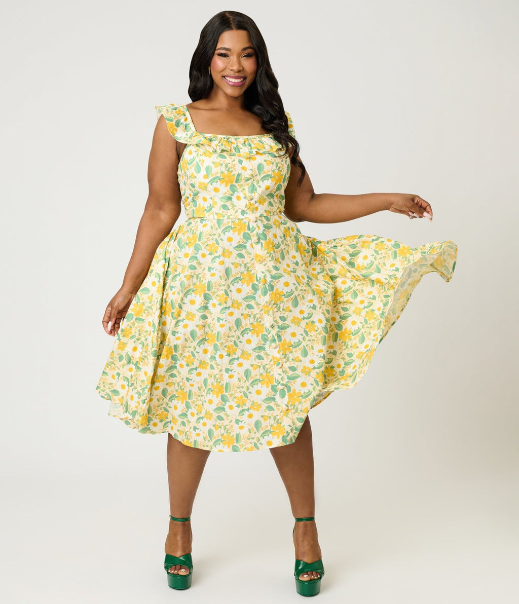 Magnolia Place Plus Size Yellow Floral Cotton Barbara Swing Dress - Unique Vintage - Womens, DRESSES, SWING