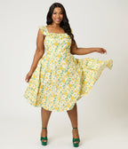 Magnolia Place Plus Size Yellow Floral Cotton Barbara Swing Dress - Unique Vintage - Womens, DRESSES, SWING