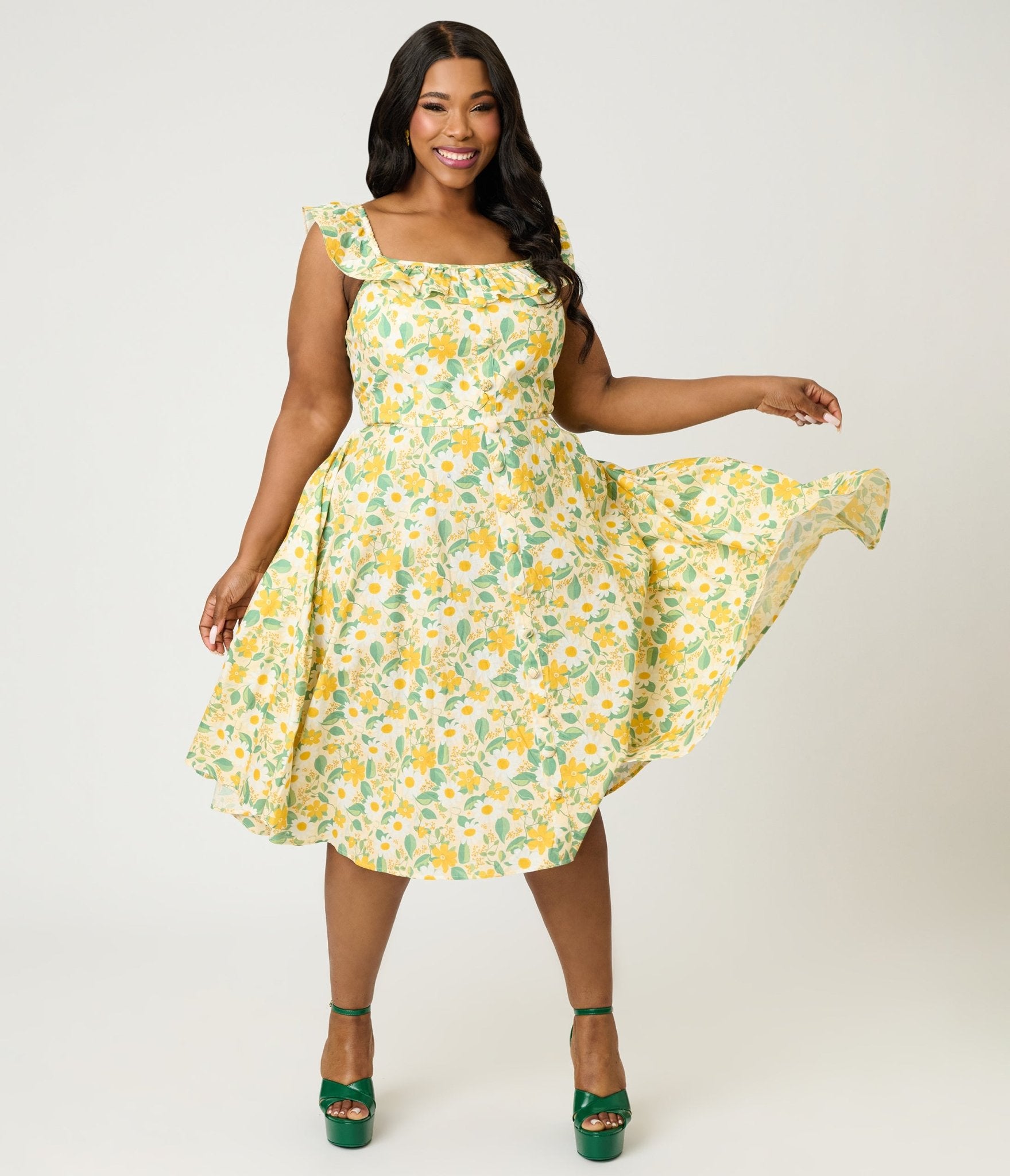 strapless open back dress Magnolia Place Plus Size Yellow Floral Cotton Barbara Swing Dress – Unique  Vintage