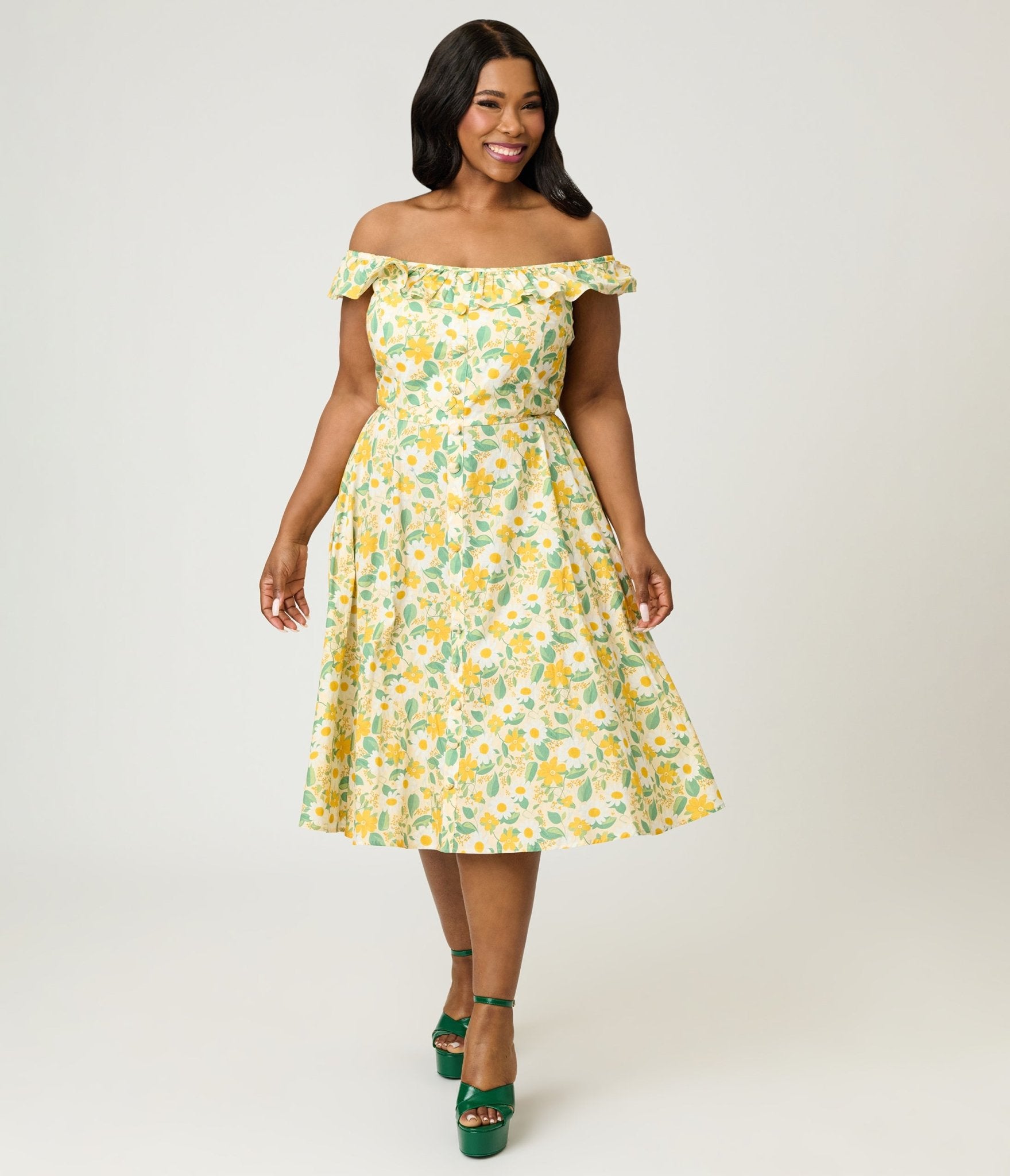 midi yellow plus size dress Magnolia Place Plus Size Yellow Floral Cotton Barbara Swing Dress 2X/20W-22W