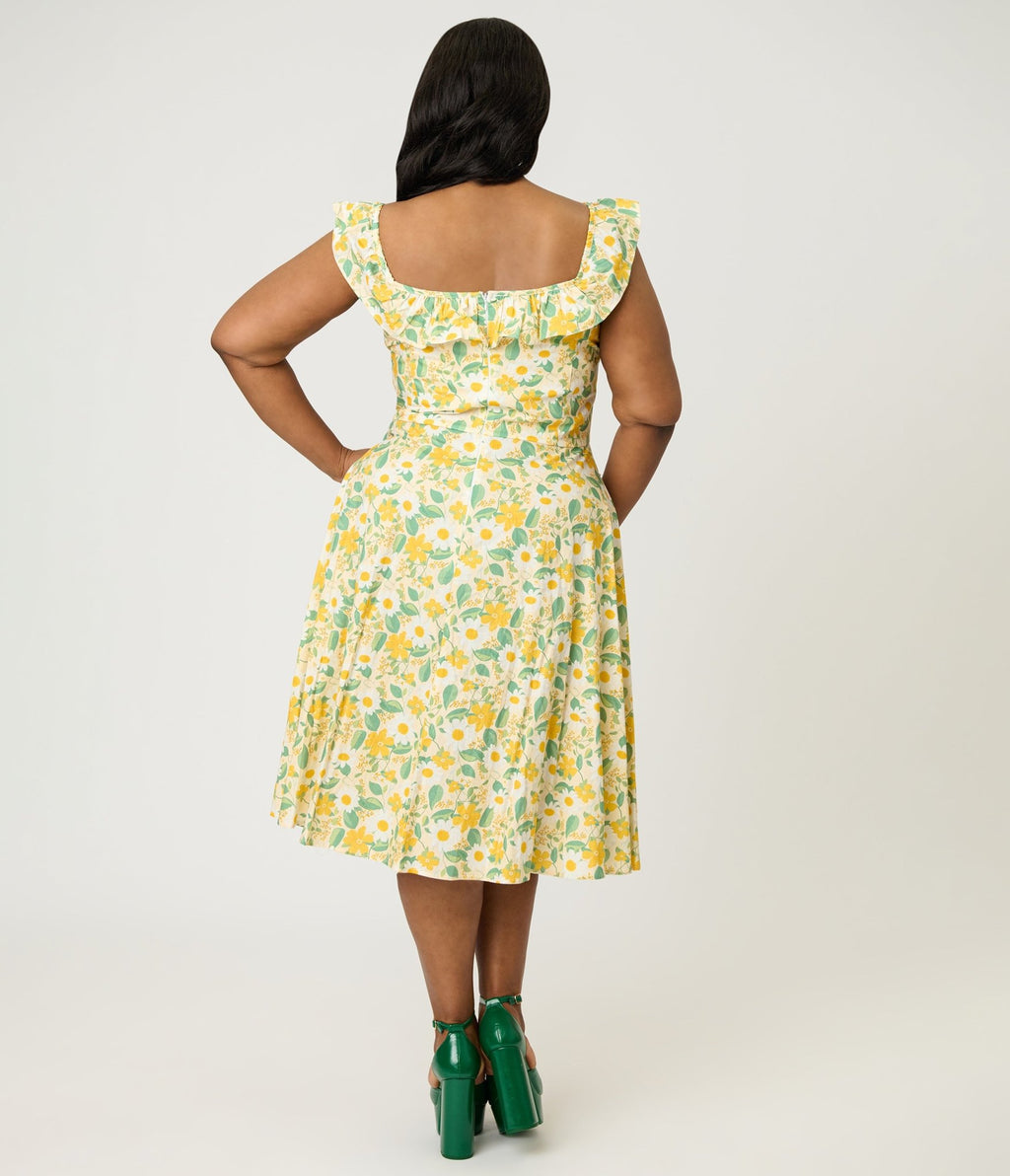 Magnolia Place Plus Size Yellow Floral Cotton Barbara Swing Dress - Unique Vintage - Womens, DRESSES, SWING