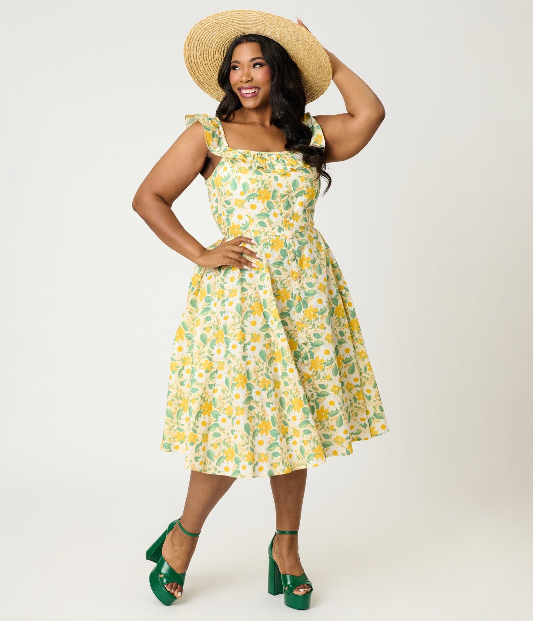 Magnolia Place Plus Size Yellow Floral Cotton Barbara Swing Dress – Unique Vintage