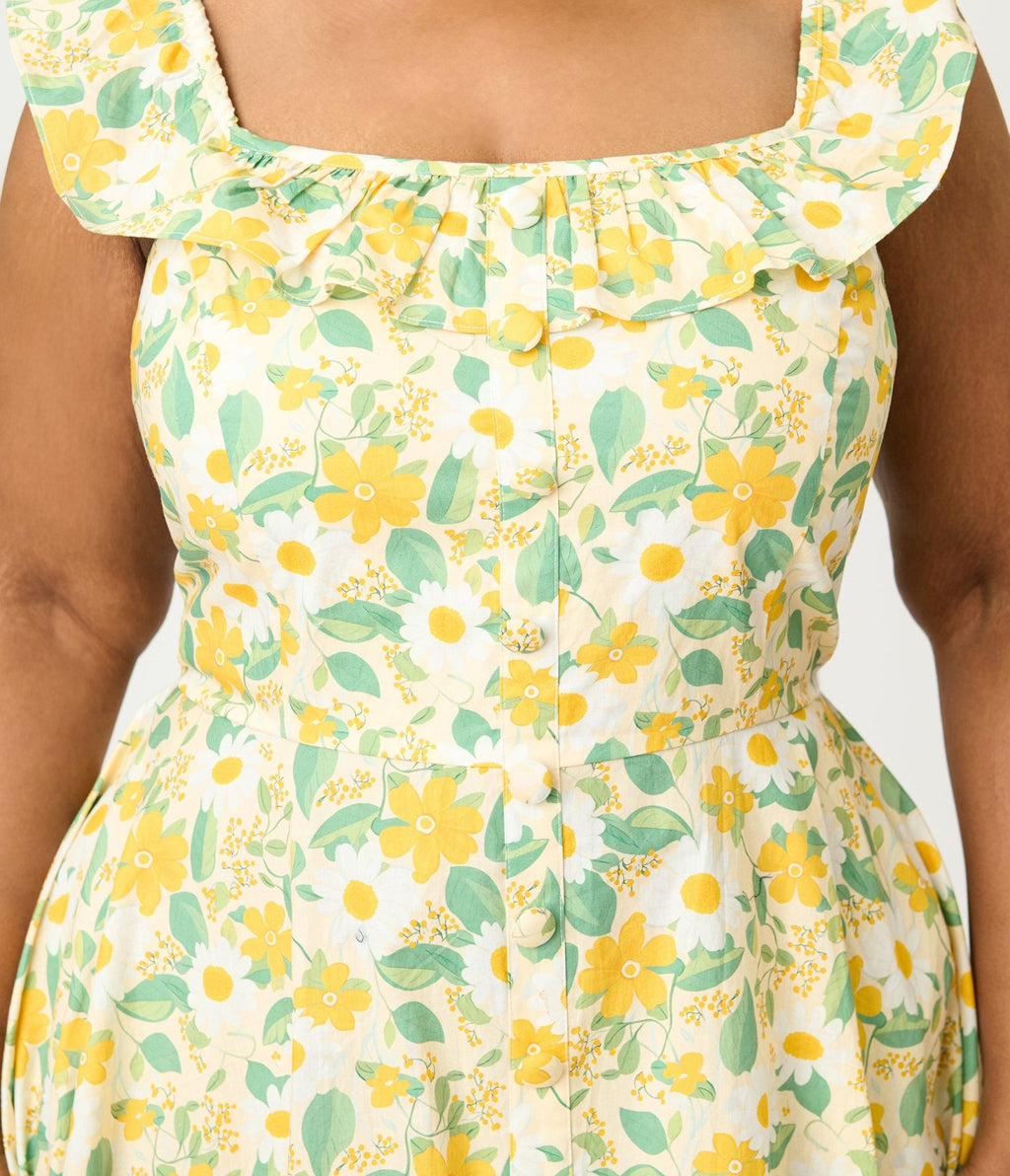 Magnolia Place Plus Size Yellow Floral Cotton Barbara Swing Dress - Unique Vintage - Womens, DRESSES, SWING
