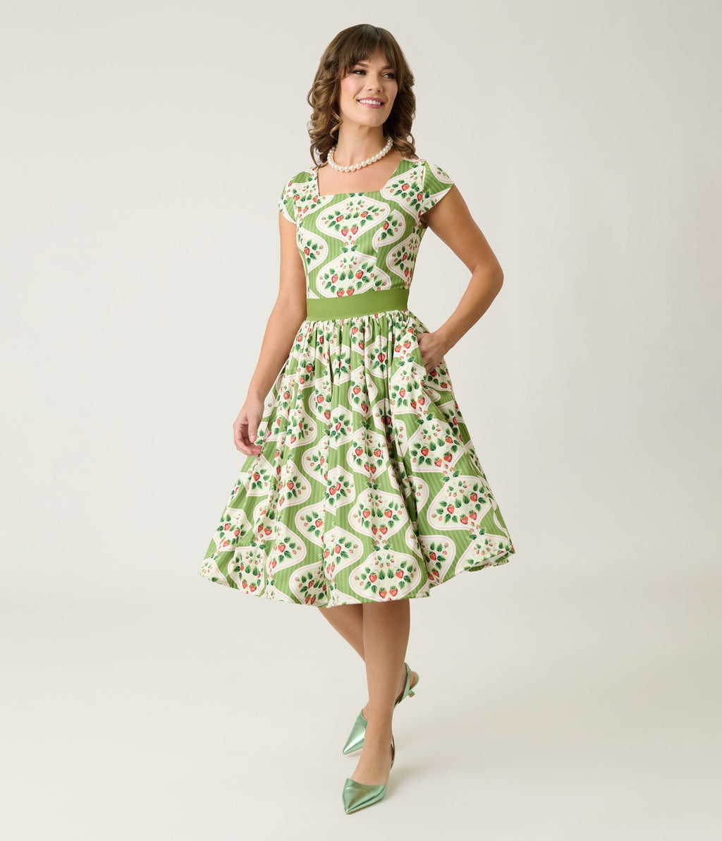Magnolia Place Strawberry Wallpaper Anna Swing Dress - Unique Vintage - Womens, DRESSES, SWING