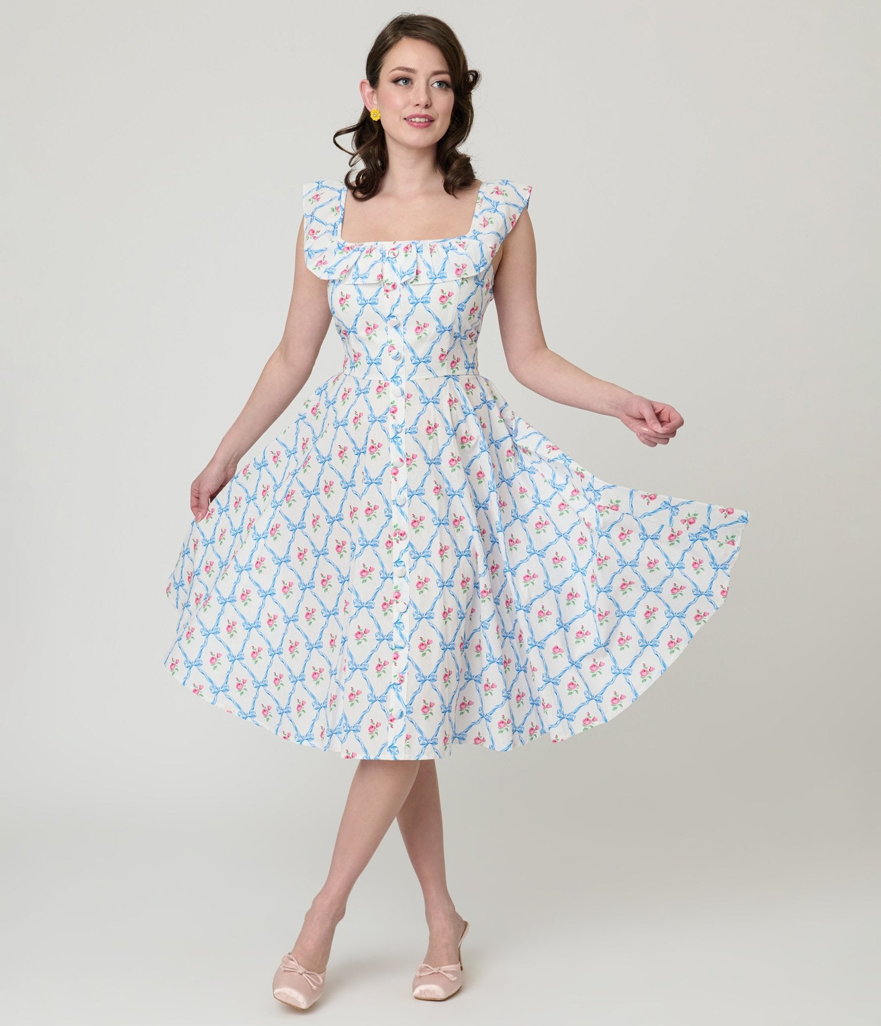 Magnolia Place White & Rose Trellis Barbara Swing Dress - Unique Vintage - Womens, DRESSES, SWING
