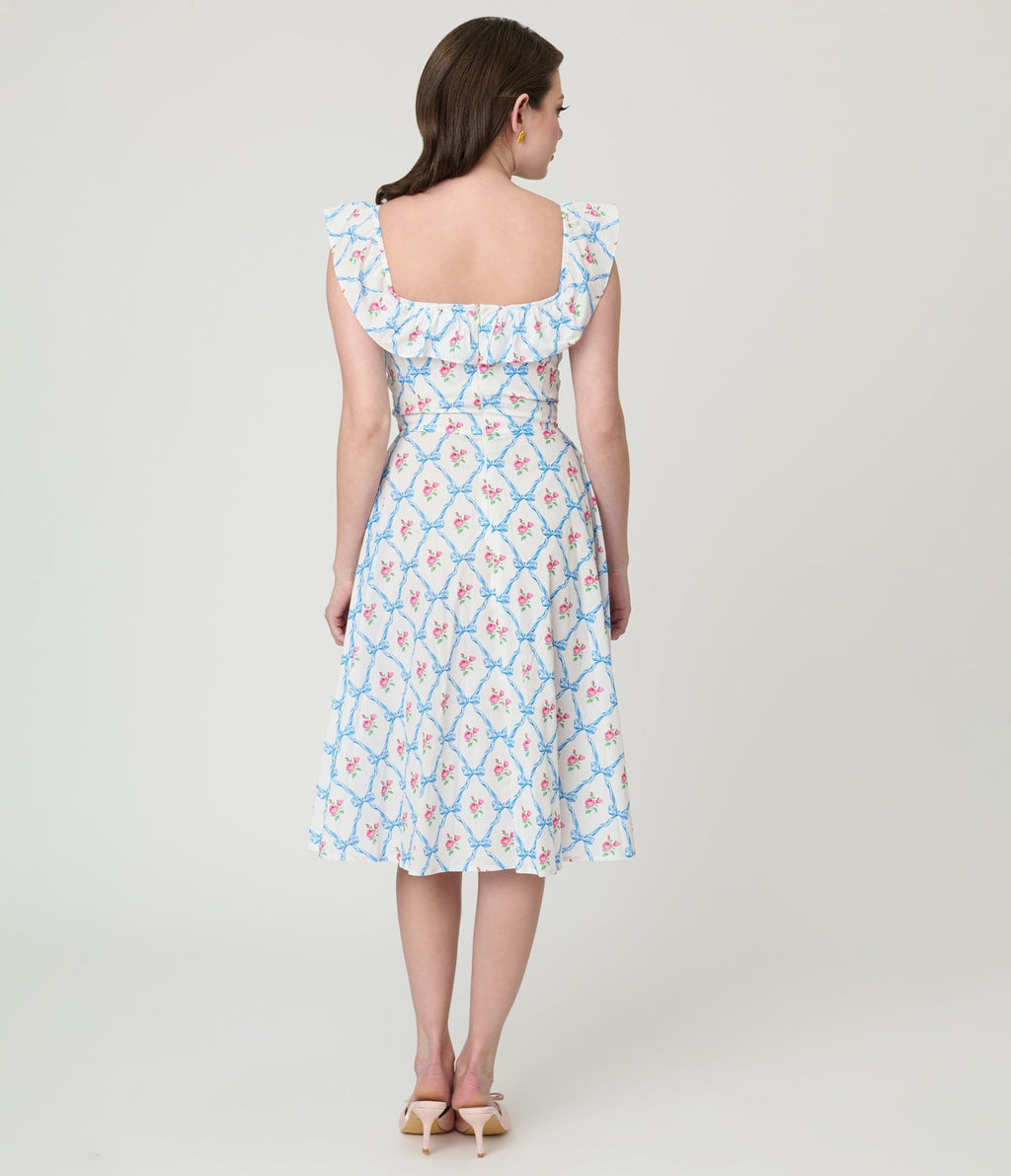 Magnolia Place White & Rose Trellis Barbara Swing Dress - Unique Vintage - Womens, DRESSES, SWING