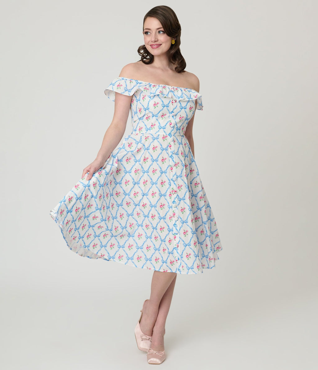 Magnolia Place White & Rose Trellis Barbara Swing Dress - Unique Vintage - Womens, DRESSES, SWING
