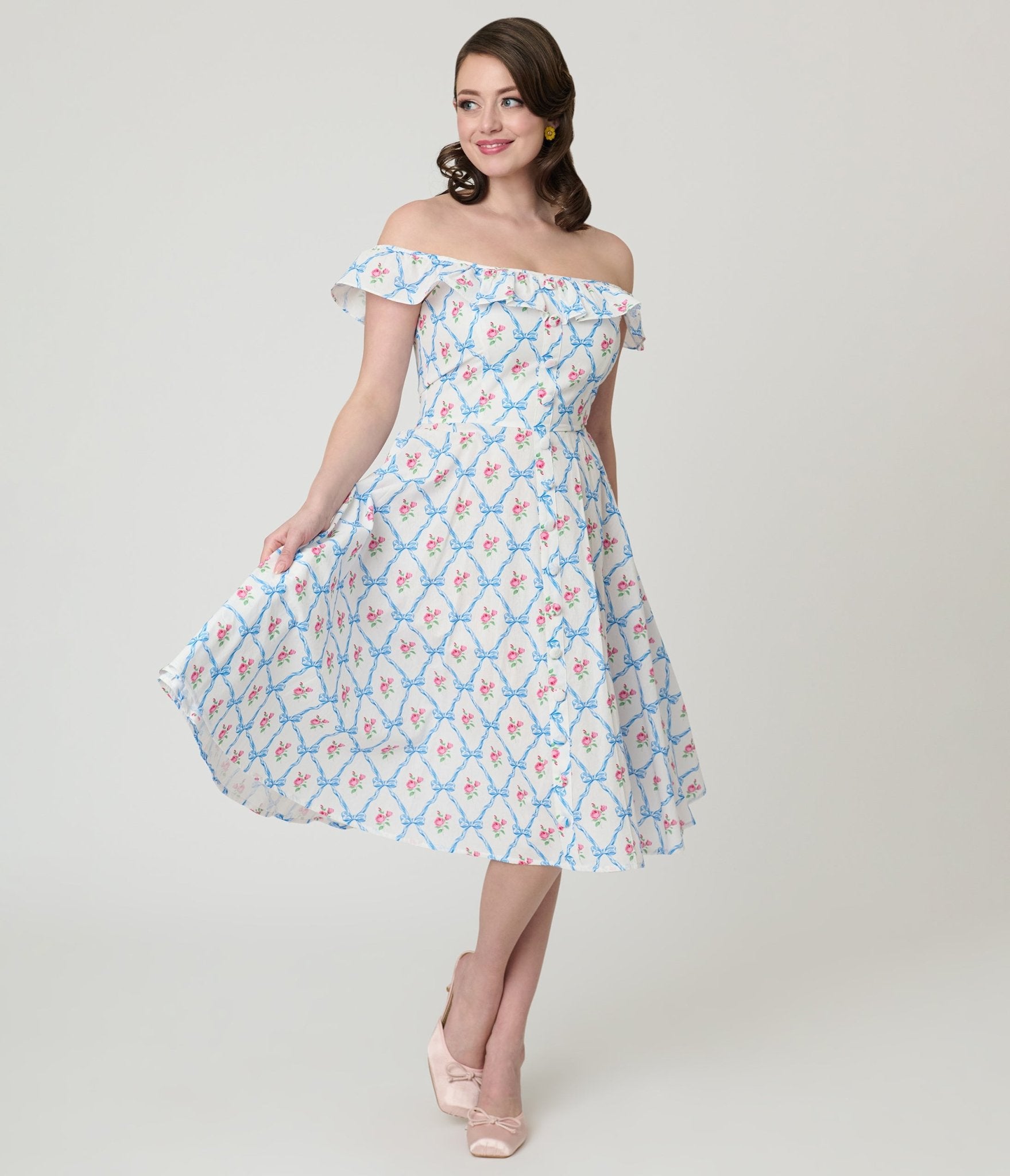 Magnolia Place White & Rose Trellis Barbara Swing Dress - Unique Vintage - Womens, DRESSES, SWING