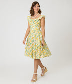 Magnolia Place Yellow Floral Cotton Barbara Swing Dress - Unique Vintage - Womens, DRESSES, SWING