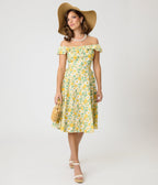 Magnolia Place Yellow Floral Cotton Barbara Swing Dress - Unique Vintage - Womens, DRESSES, SWING