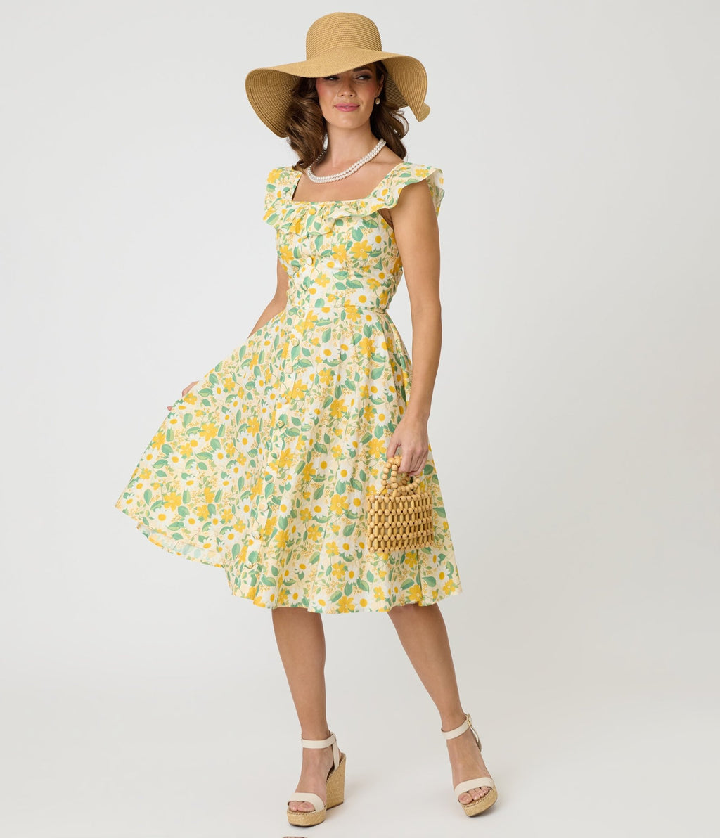 Magnolia Place Yellow Floral Cotton Barbara Swing Dress - Unique Vintage - Womens, DRESSES, SWING