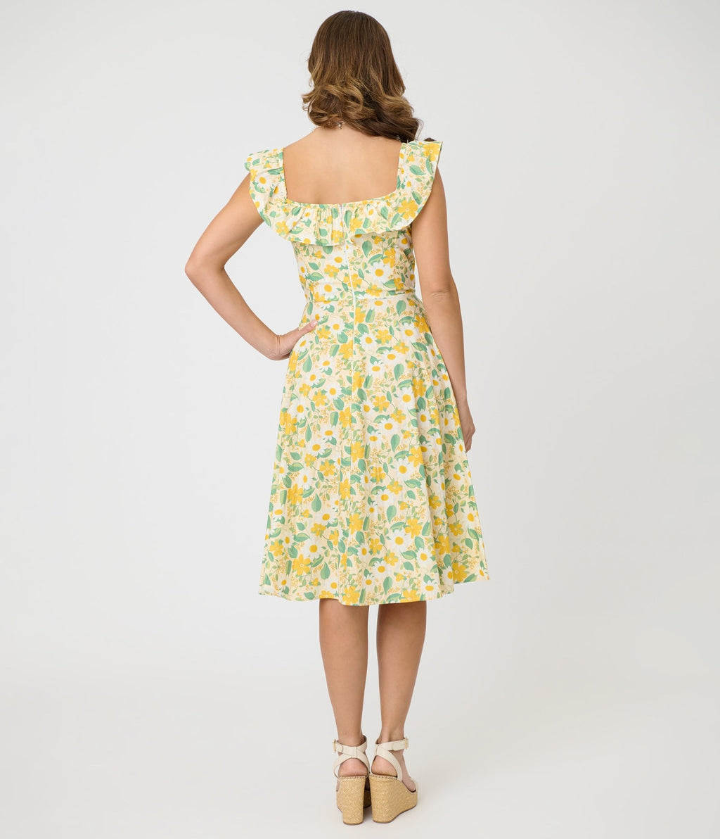 Magnolia Place Yellow Floral Cotton Barbara Swing Dress - Unique Vintage - Womens, DRESSES, SWING