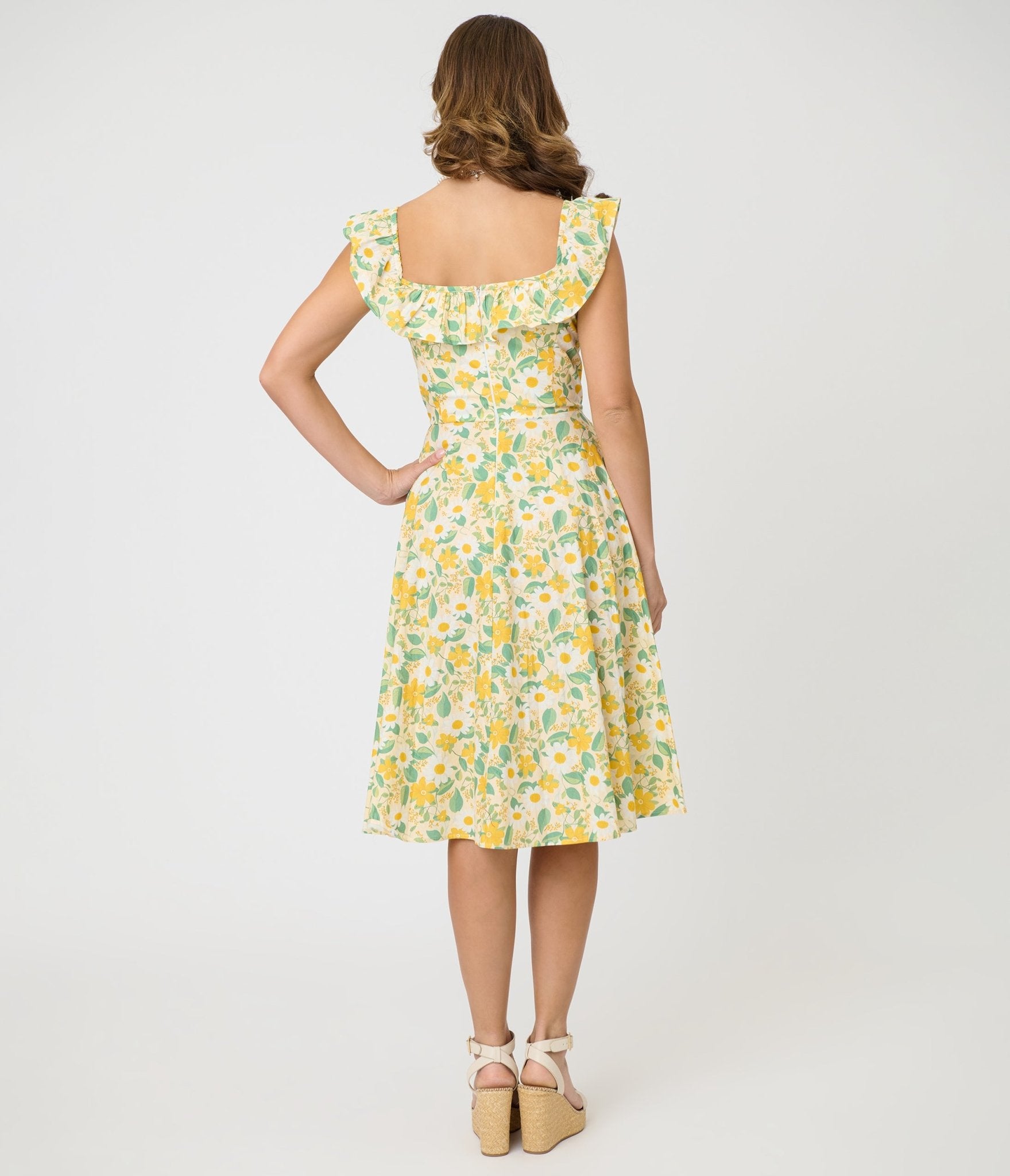 Magnolia Place Yellow Floral Cotton Barbara Swing Dress - Unique Vintage - Womens, DRESSES, SWING