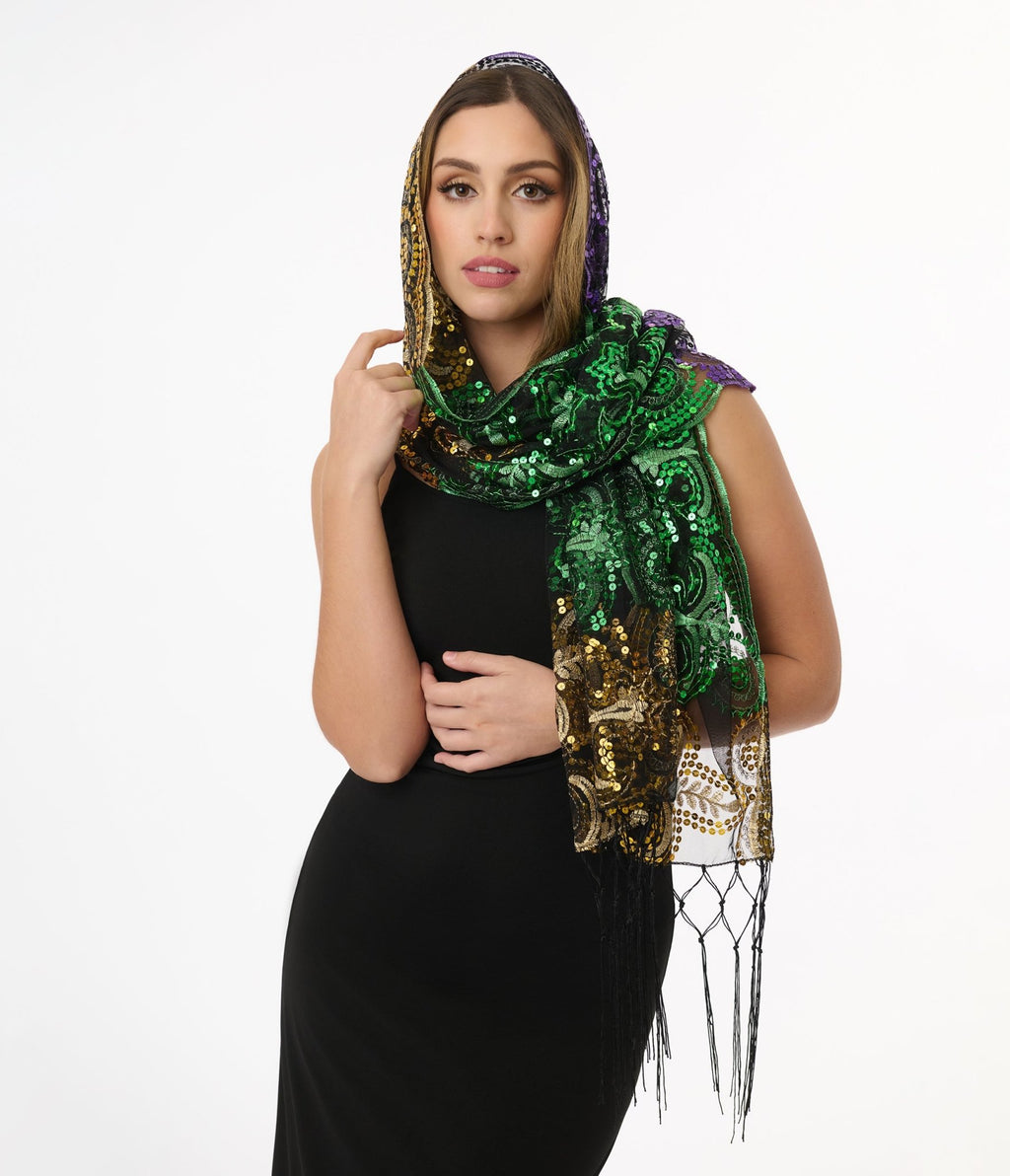 Mardi Gras Sequin Mesh Fringe Shawl - Unique Vintage - Womens, ACCESSORIES, GLOVES/SCARVES