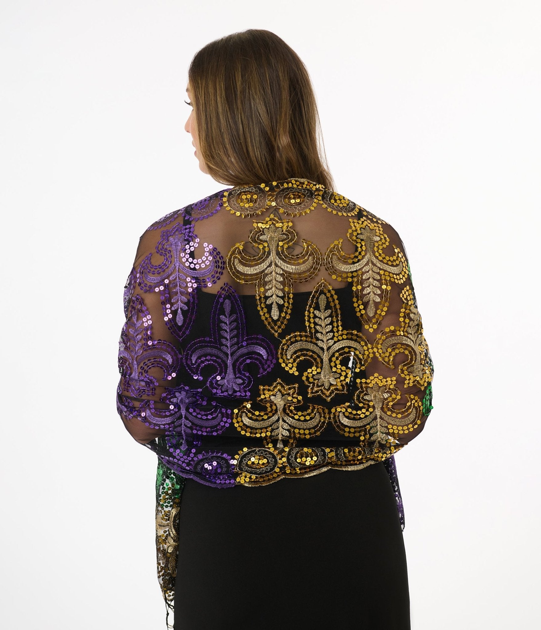 Mardi Gras Sequin Mesh Fringe Shawl - Unique Vintage - Womens, ACCESSORIES, GLOVES/SCARVES