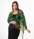 Mardi Gras Sequin Mesh Fringe Shawl - Unique Vintage - Womens, ACCESSORIES, GLOVES/SCARVES