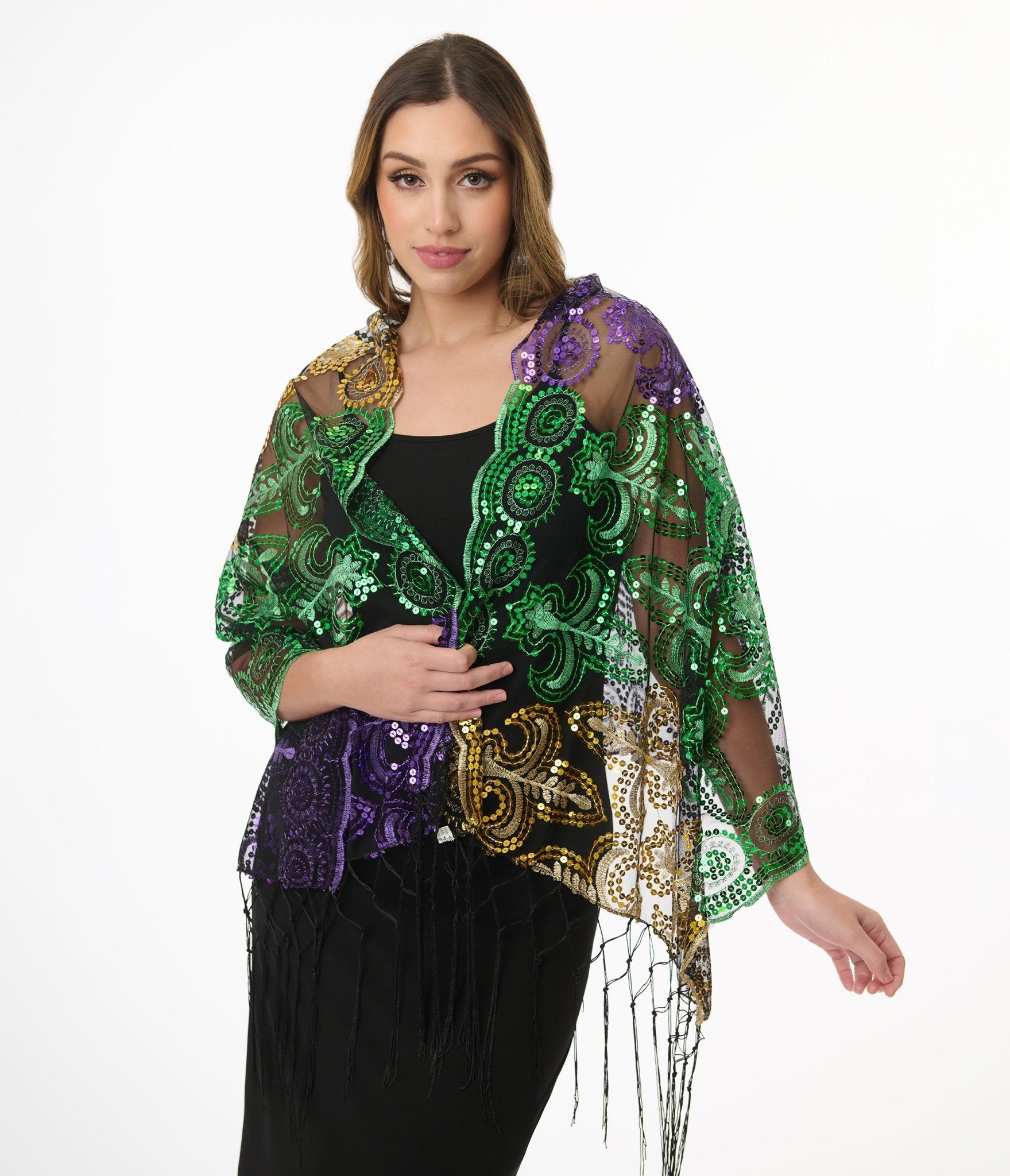 Mardi Gras Sequin Mesh Fringe Shawl - Unique Vintage - Womens, ACCESSORIES, GLOVES/SCARVES