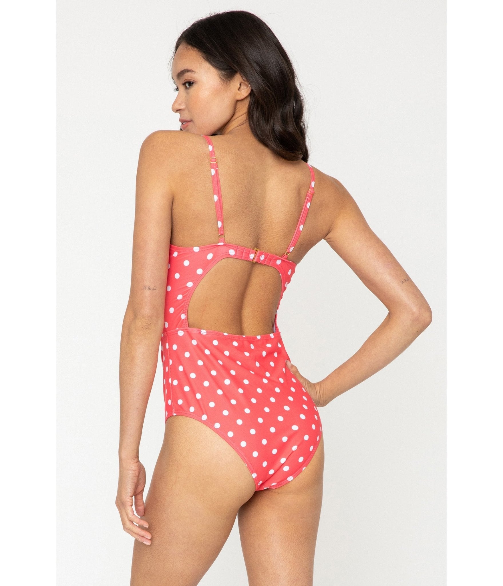 Marina West Pink Coral & White Dot Cutout One Piece Swimsuit - Unique Vintage - Womens, SWIM, 1 PC