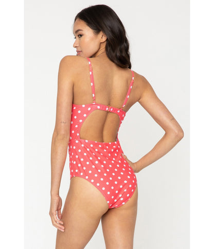 Marina West Pink Coral & White Dot Cutout One Piece Swimsuit - Unique Vintage - Womens, SWIM, 1 PC