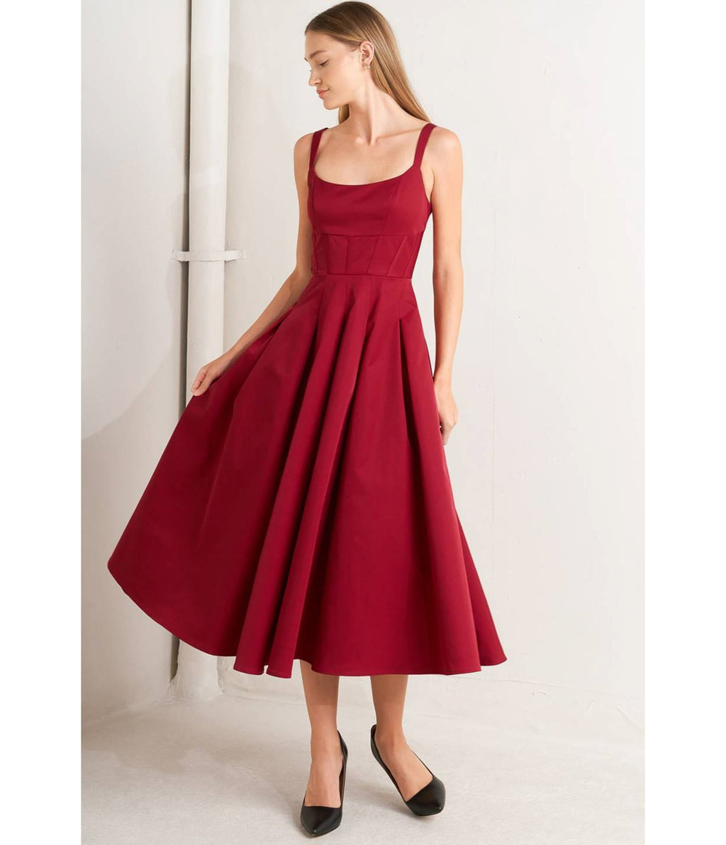 Square Neck Red Fit And Flare Midi Dress Maroon Woven Midi Dress  Unique  Vintage