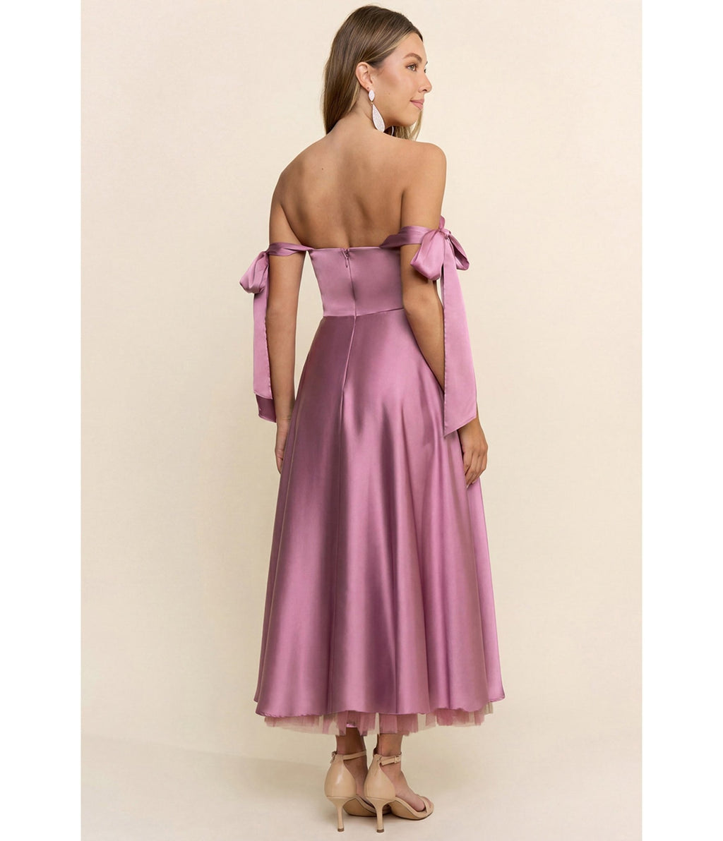 Mauve Off the Shoulder Bow Midi Dress - Unique Vintage - Womens, DRESSES, MIDI