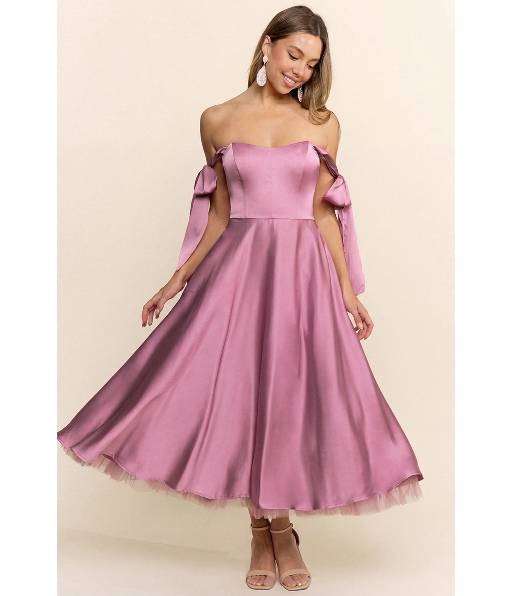 Mauve Off the Shoulder Bow Midi Dress – Unique Vintage