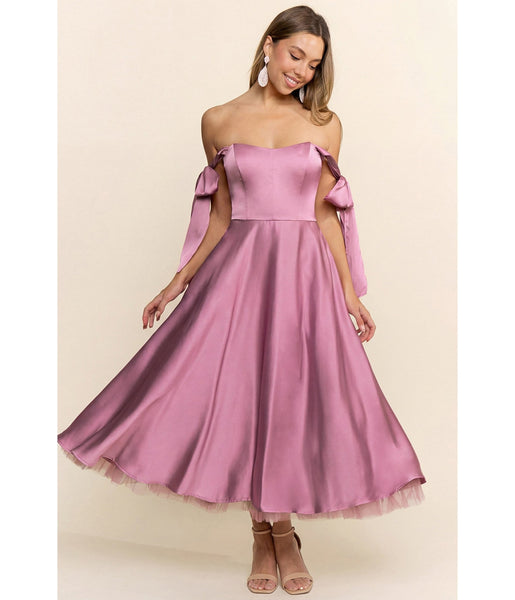 mauve cocktail dress Off the Shoulder Bow Midi Size:4XL [+$ 5.99] normal sleeve open shape supported by Black Long Dress XS