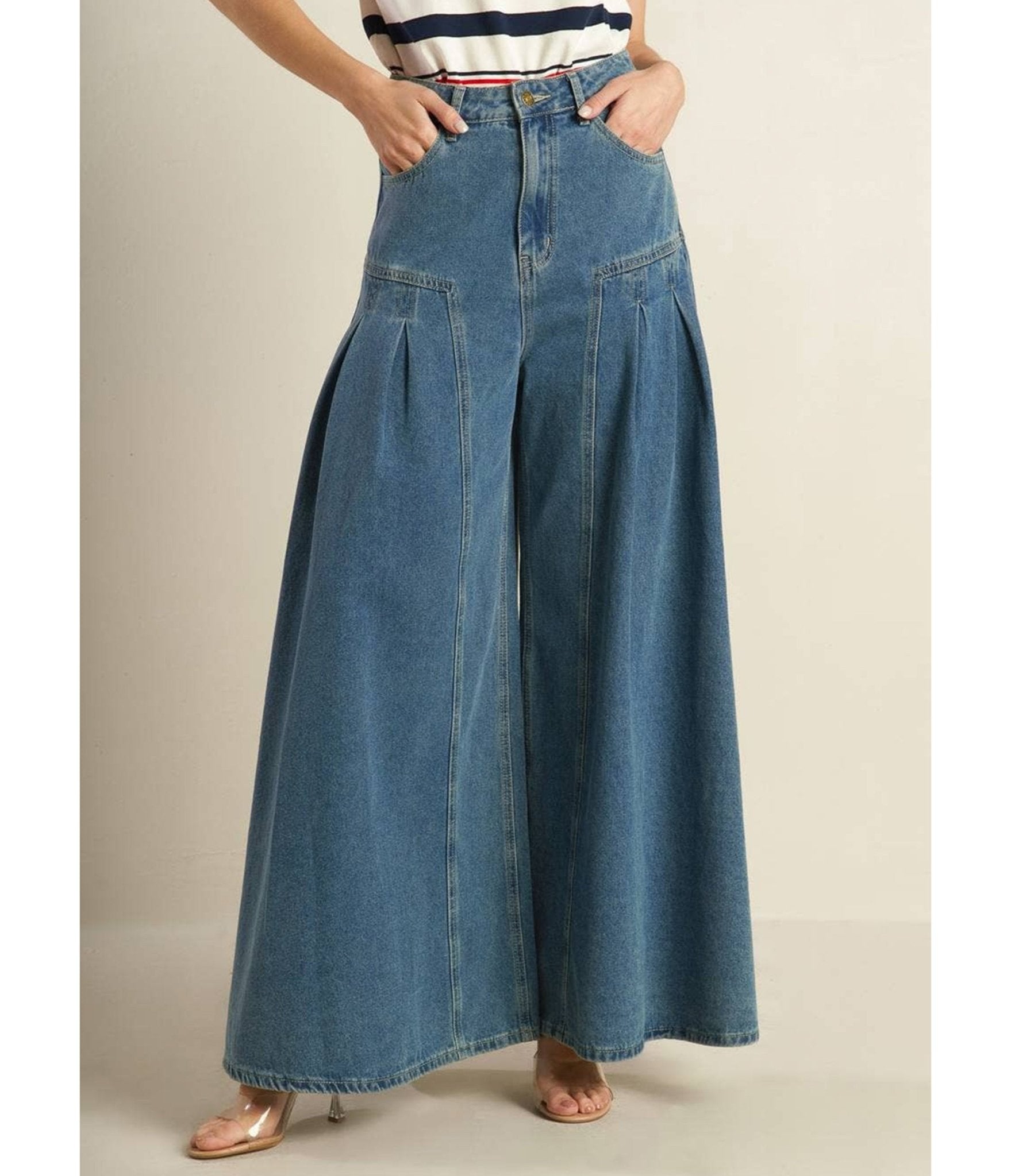 Medium Wash Denim Wide Leg Jeans - Unique Vintage - Womens, BOTTOMS, PANTS