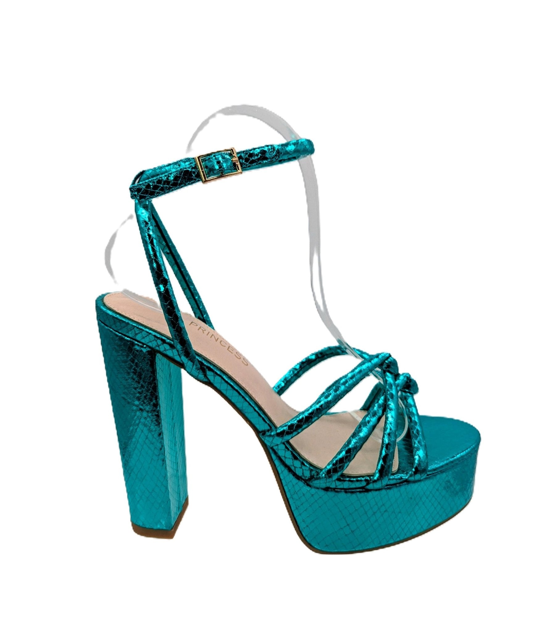 Metallic Green Leatherette Strap Platform Heels - Unique Vintage - Womens, SHOES, HEELS