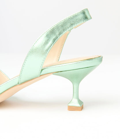 Metallic Light Green Slingback Kitten Heels - Unique Vintage - Womens, SHOES, HEELS