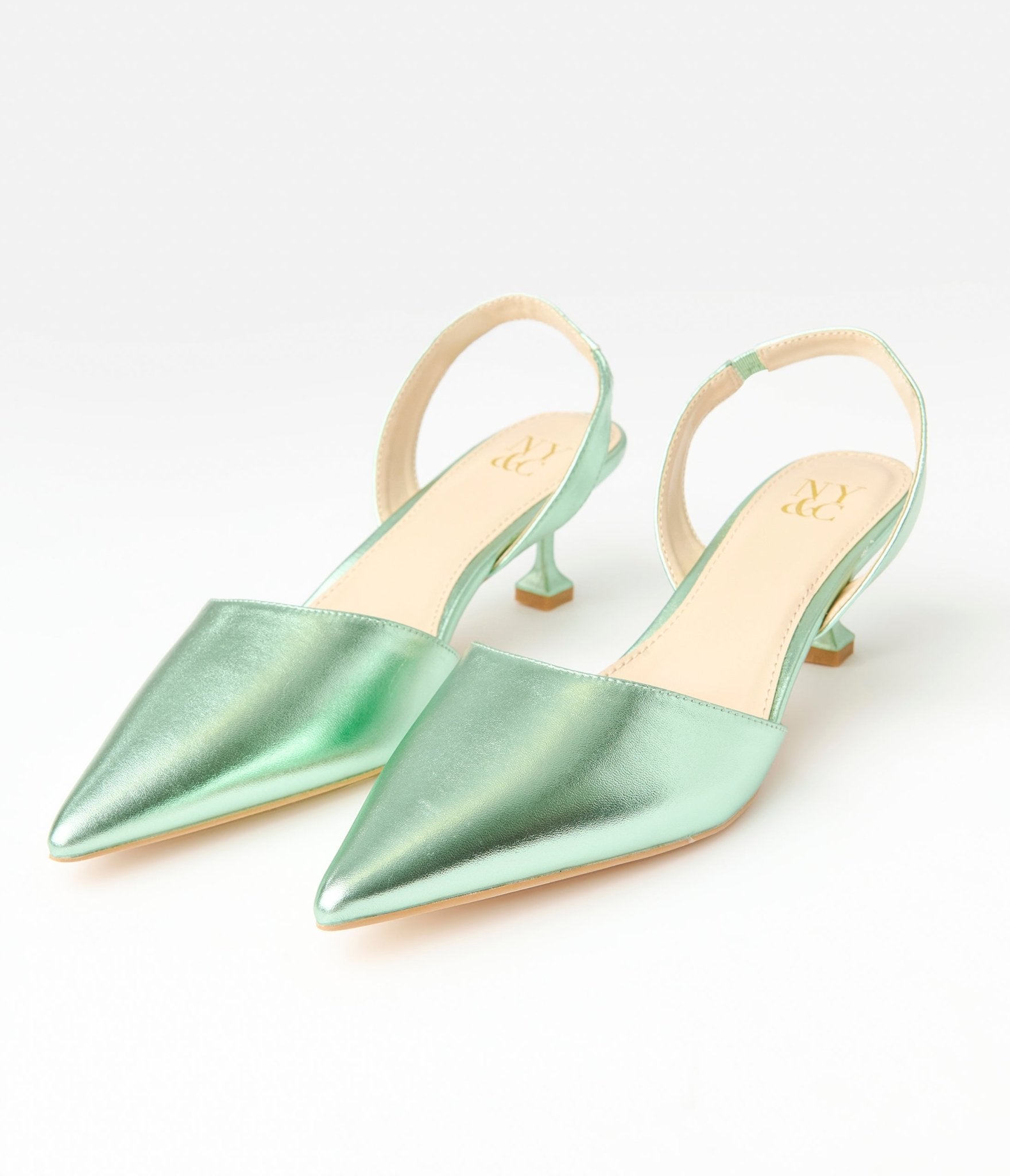 Metallic Light Green Slingback Kitten Heels - Unique Vintage - Womens, SHOES, HEELS