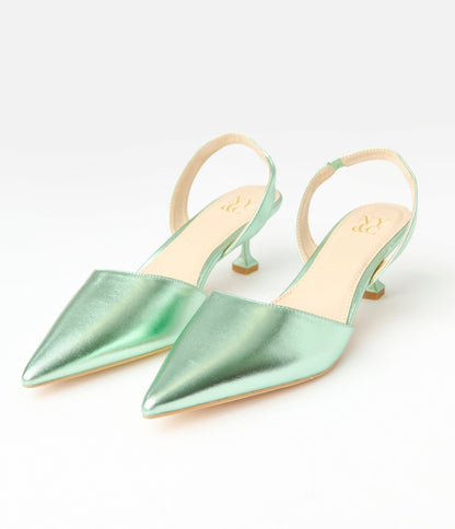 Metallic Light Green Slingback Kitten Heels - Unique Vintage - Womens, SHOES, HEELS