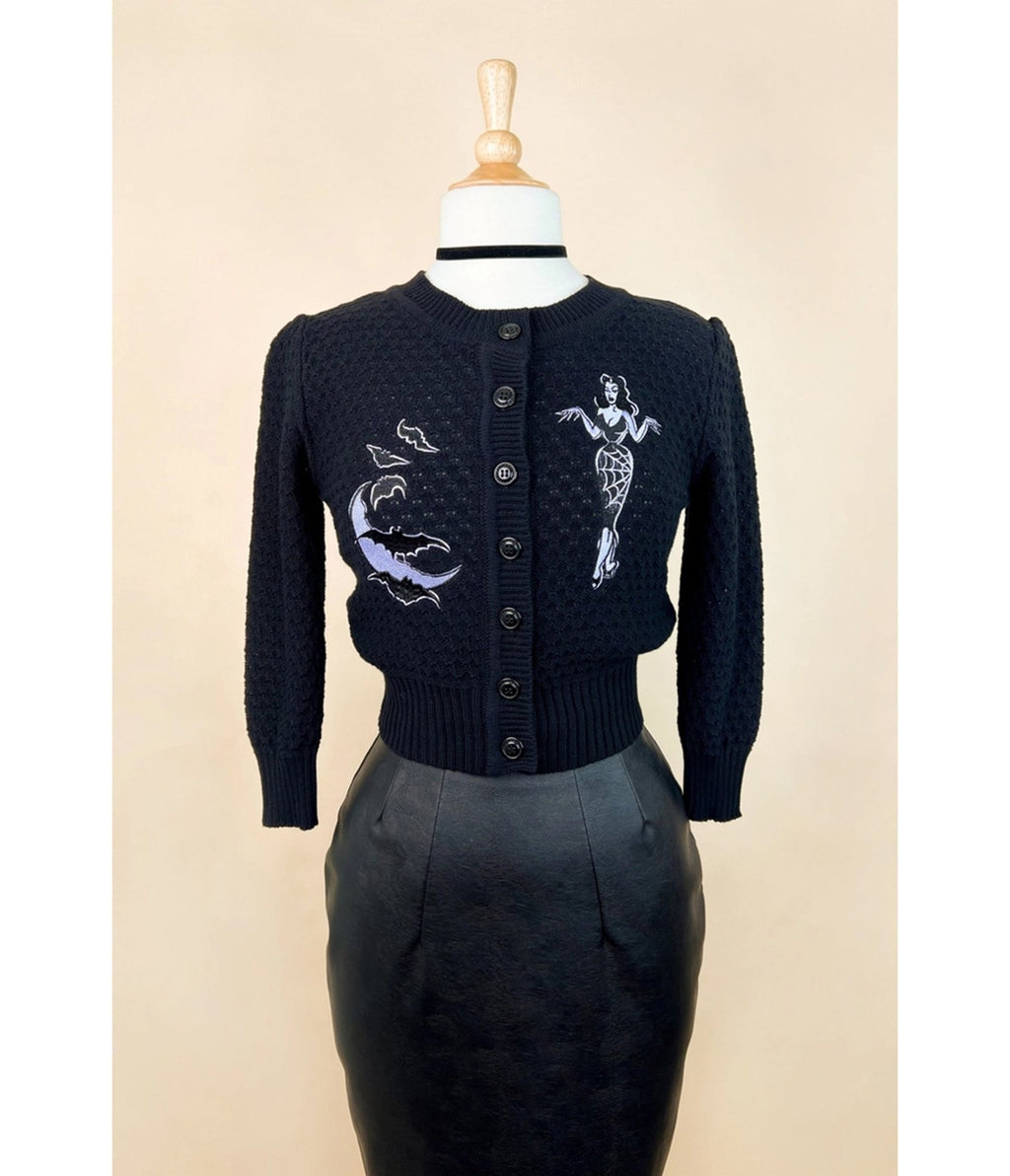 Mischief Made Black Deadly Dame Embroidered Cropped Cardigan - Unique Vintage - Cardigans