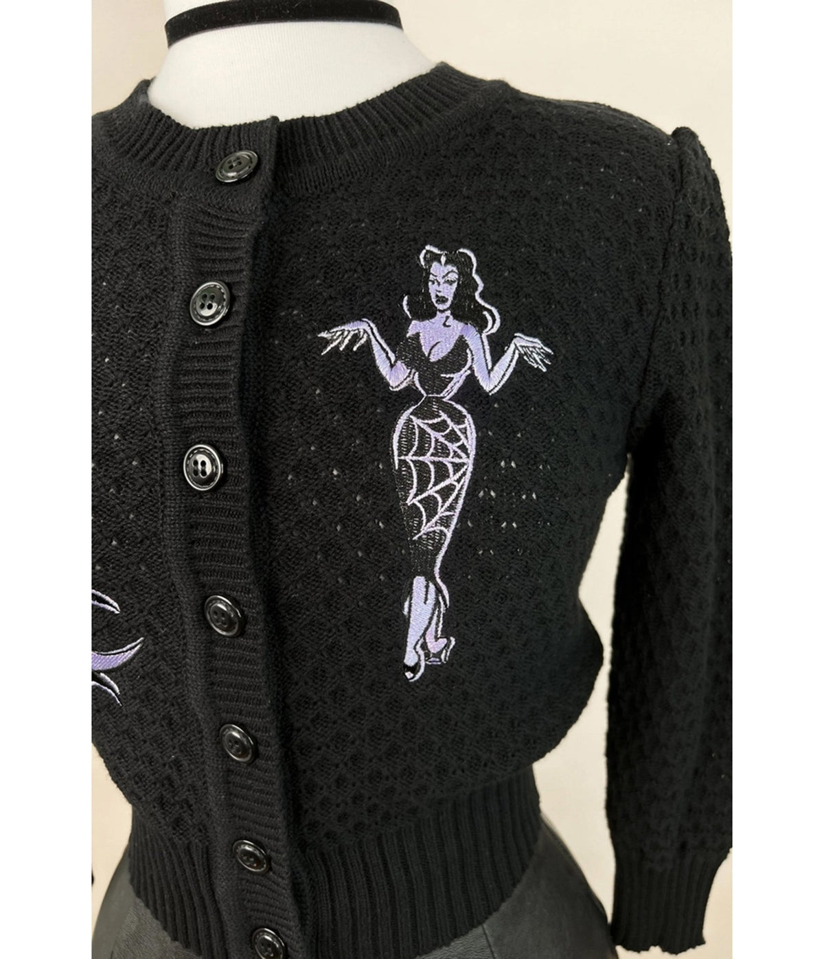 Mischief Made Black Deadly Dame Embroidered Cropped Cardigan - Unique Vintage - Cardigans