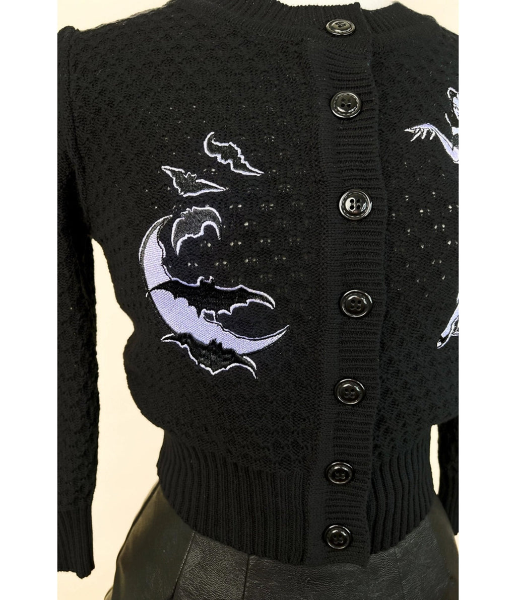 Mischief Made Black Deadly Dame Embroidered Cropped Cardigan - Unique Vintage - Cardigans