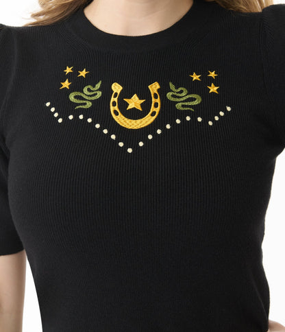 Mischief Made Black Lucky Horseshoe Sweater - Unique Vintage - Womens, TOPS, WOVEN TOPS