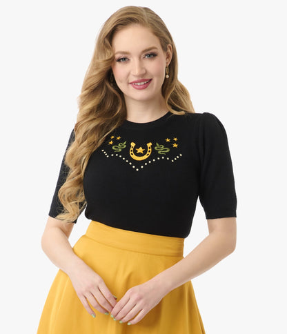 Mischief Made Black Lucky Horseshoe Sweater - Unique Vintage - Womens, TOPS, WOVEN TOPS