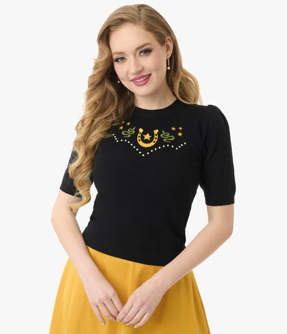 Mischief Made Black Lucky Horseshoe Sweater - Unique Vintage - Womens, TOPS, WOVEN TOPS