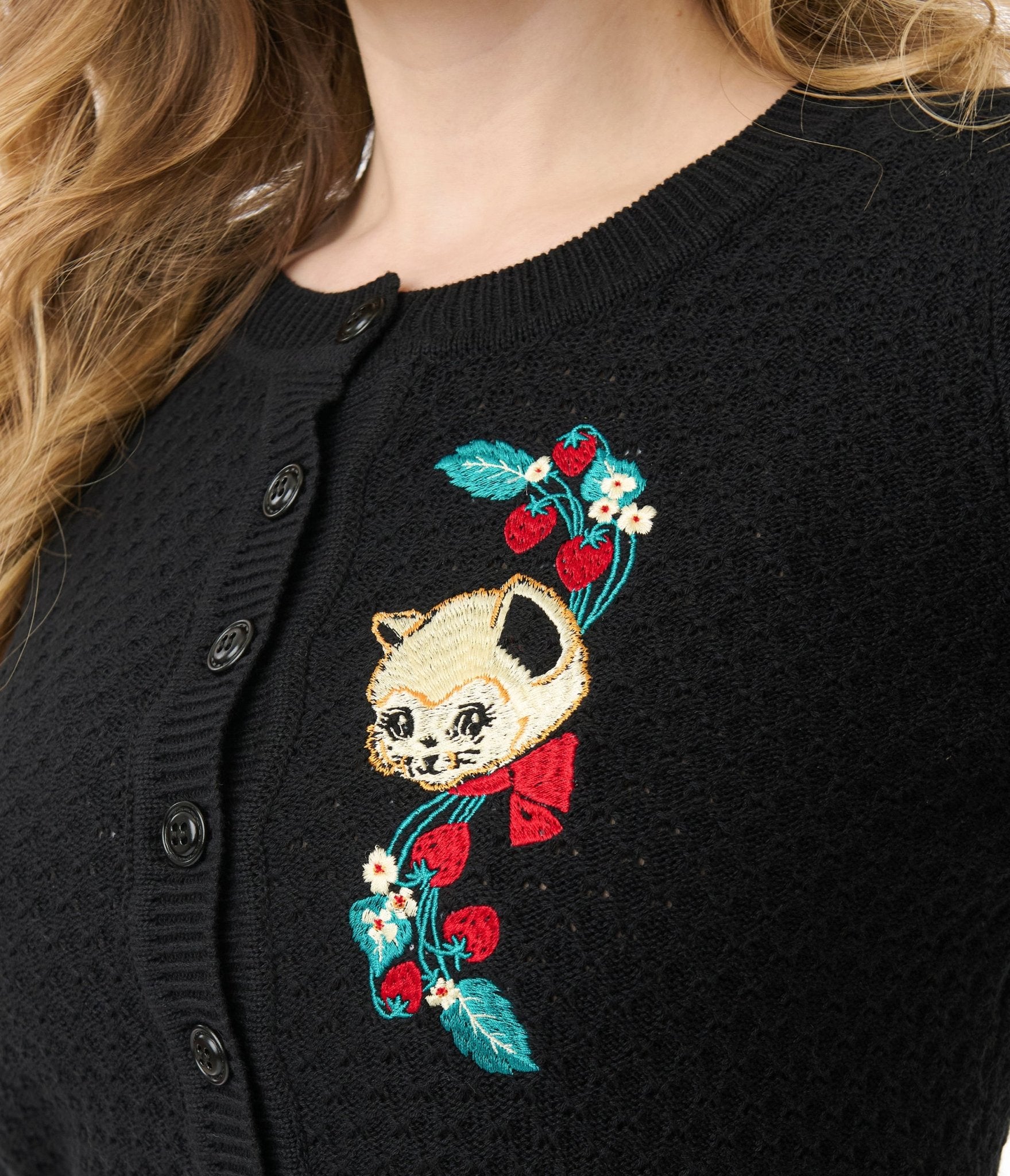 Mischief Made Black Strawberry Fields Forever Cropped Cardigan - Unique Vintage - Womens, TOPS, WOVEN TOPS