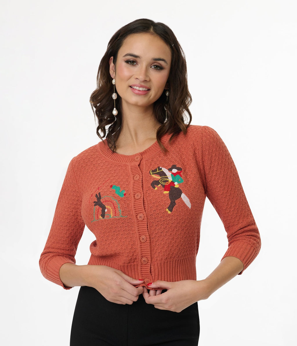 Mischief Made Dusty Orange Head West Cropped Cardigan - Unique Vintage - Womens, TOPS, SWEATERS