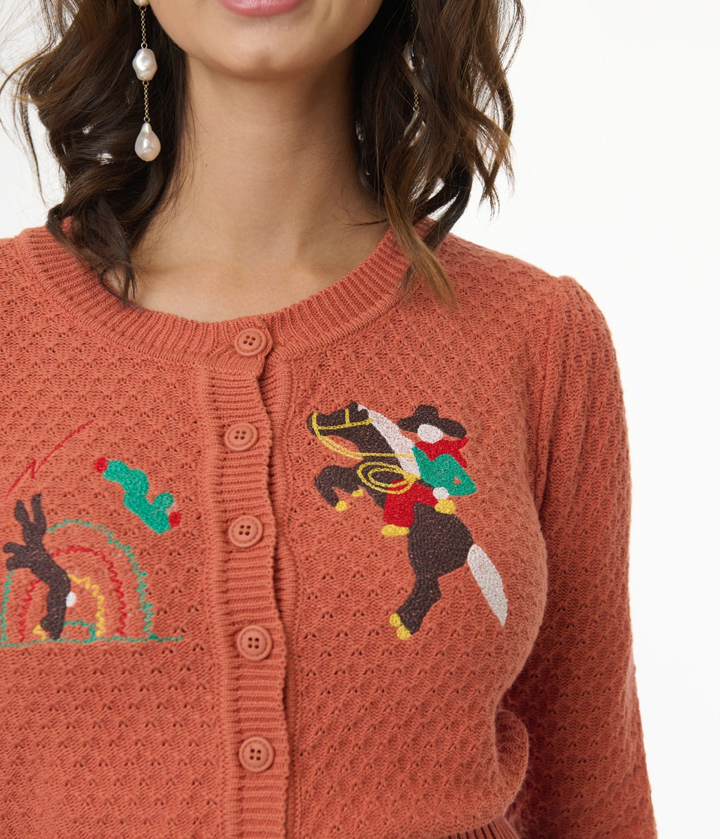 Mischief Made Dusty Orange Head West Cropped Cardigan - Unique Vintage - Womens, TOPS, SWEATERS