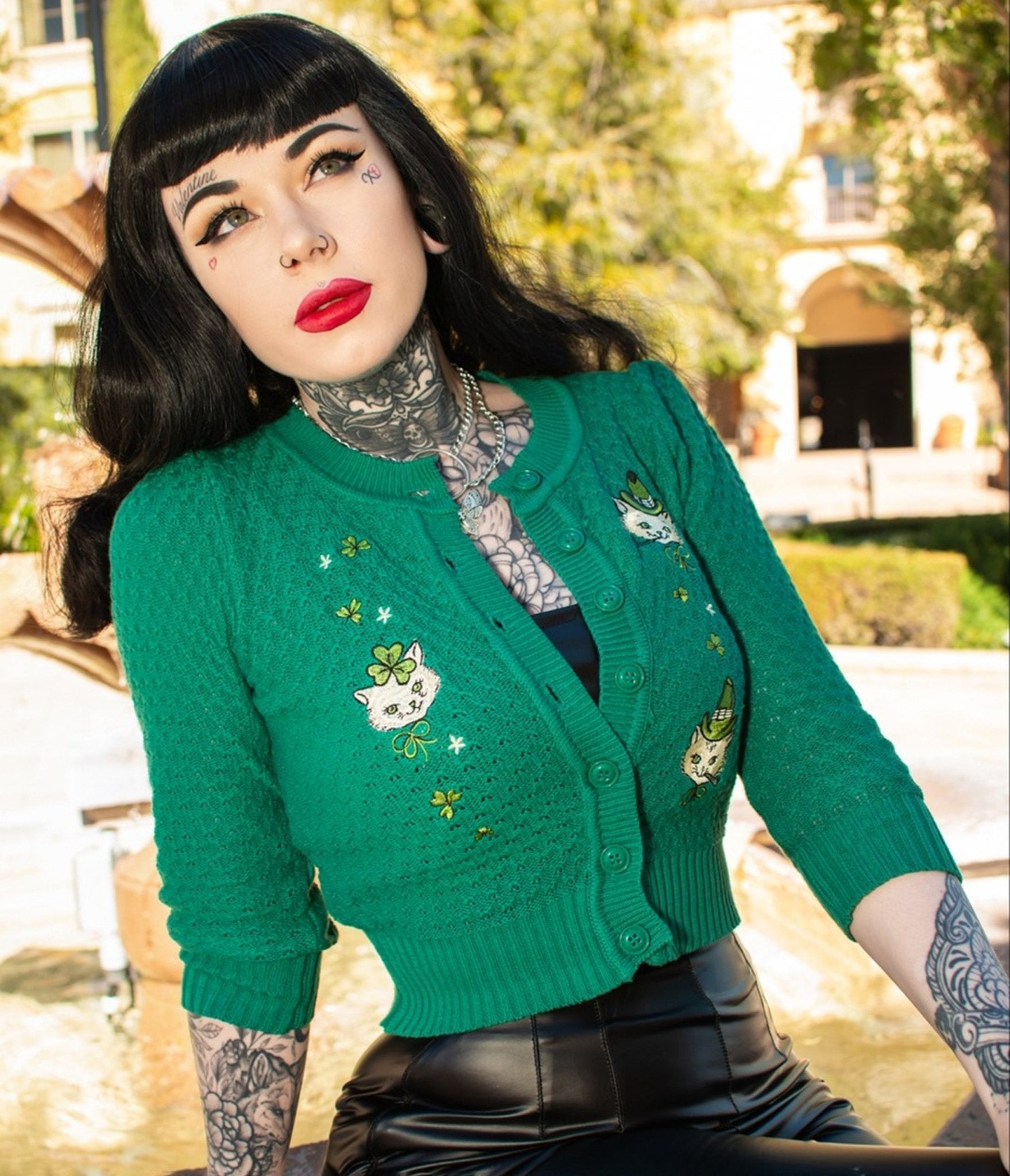 Mischief Made Green Paddy Cats Cropped Cardigan - Unique Vintage - Womens, TOPS, SWEATERS
