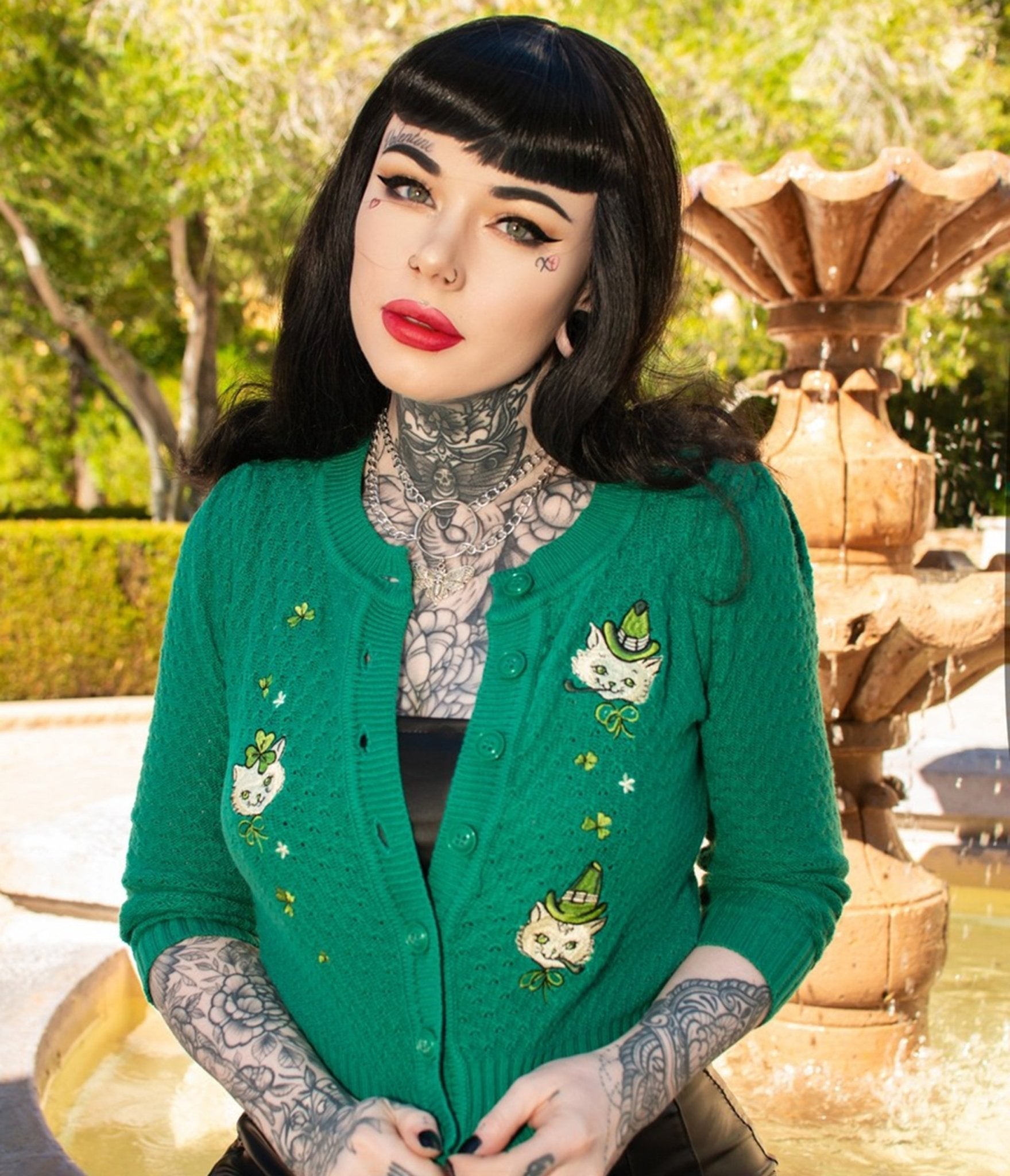 Mischief Made Green Paddy Cats Cropped Cardigan - Unique Vintage - Womens, TOPS, SWEATERS