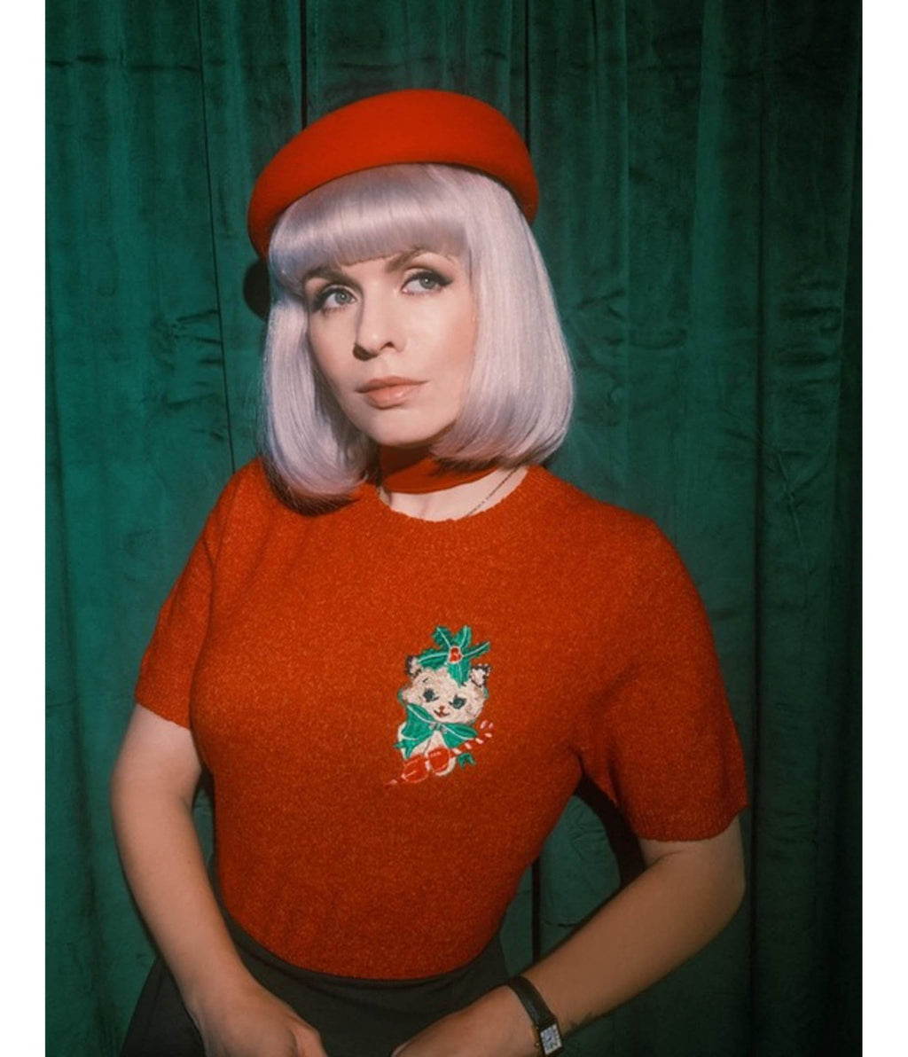 Mischief Made Red Candy Cane Kitten Sweater - Unique Vintage - Womens, TOPS, SWEATERS
