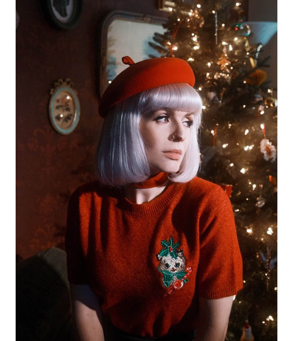 Mischief Made Red Candy Cane Kitten Sweater - Unique Vintage - Womens, TOPS, SWEATERS