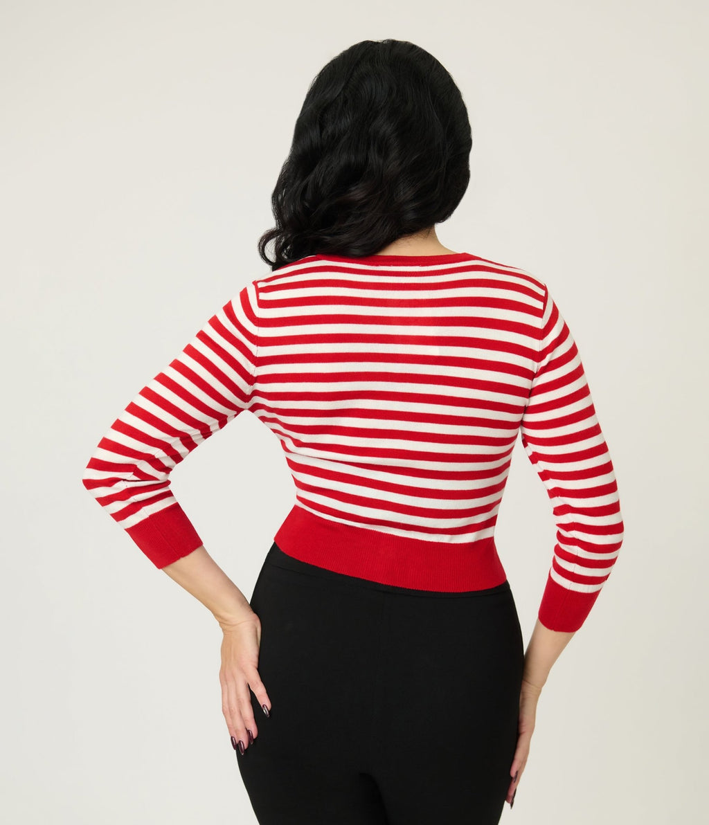 Mischief Made Red & White Candy Cane Striped Cardigan - Unique Vintage - Womens, TOPS, SWEATERS